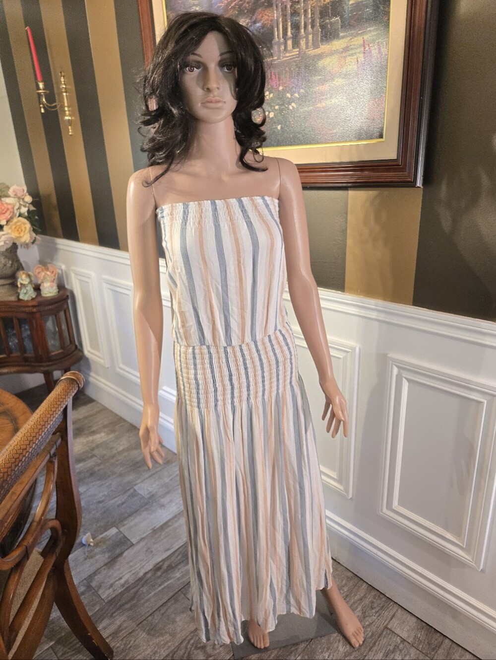 Vici Strapless Striped Maxi Dress in Cream, Tan & Blue